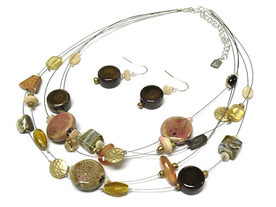 Multi color and shape glass bead thread wire necklace and earring set