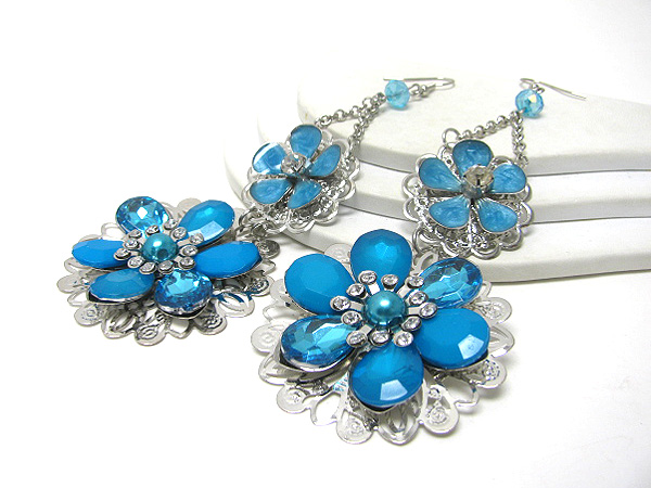 Crystal and pearl double flower drop earring