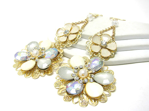 Crystal and pearl double flower drop earring