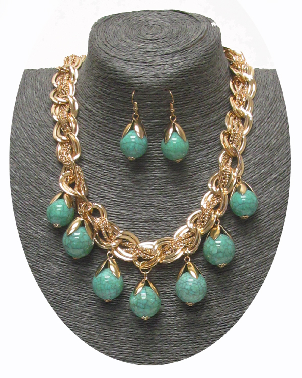 Multi turquoise ball dangle and thick metal chain necklace earring set