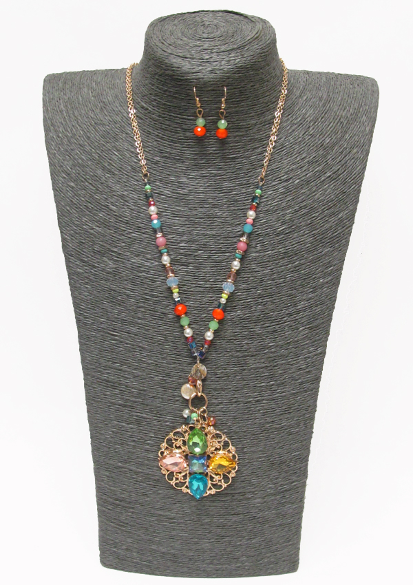 Metal filigree disk pendant and multi pearl and glass bead long necklace earring set