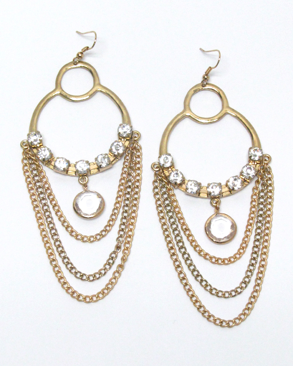 Crystal round metal and drop glass stone with multi chain drop earring