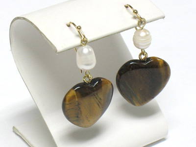 Tiger eye stone heart and fresh water pearl earring