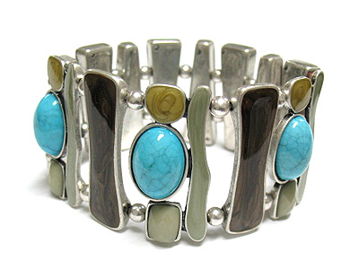 Turquoise stone and metal epoxy wide stretch bracelet