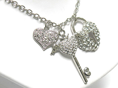 Crystal multi charm pendant necklace - key lock heart