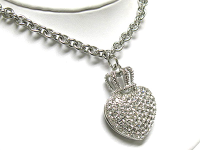 Crystal crown top large puffy heart pendant necklace