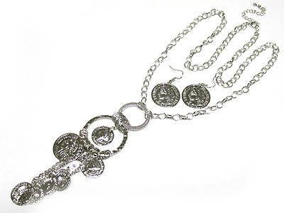 Multi metal coin dangle neckalce and earring set