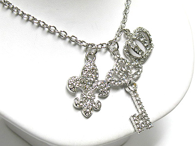 Crystal multi charm pendant necklace - key crown fleur de lis