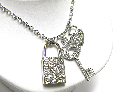 Crystal multi charm pendant necklace - key padlock heart