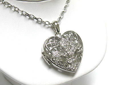 Crystal fleur de lis deco open heart locket necklace