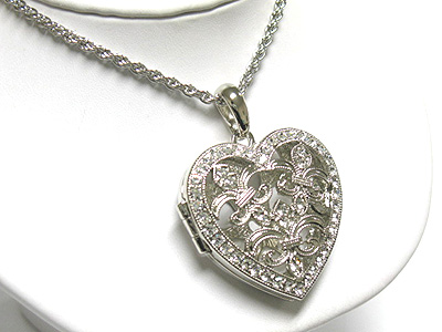 Crystal fleur de lis deco open heart locket necklace