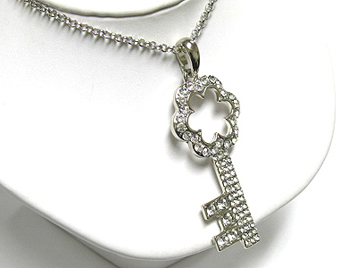 Crystal large flower style key charm pendant necklace