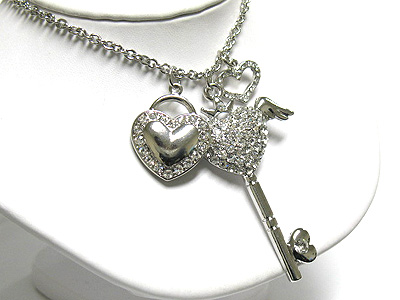 Crystal multi charm pendant necklace - key angel heart