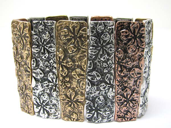 Antique style flower deco metal bar link stretch bracelet