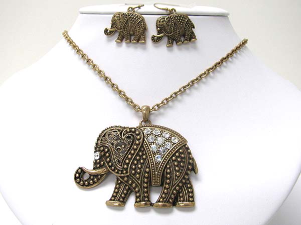 Crystal deco casting metal elephant necklace earring set