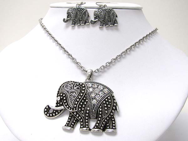 Crystal deco casting metal elephant necklace earring set