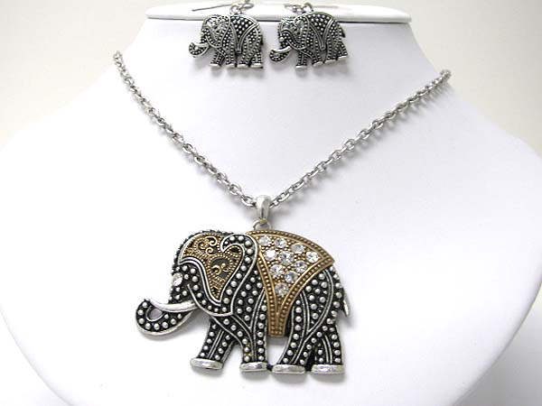 Crystal deco casting metal elephant necklace earring set