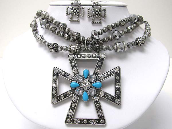 Crystal and turquoise deco cross medallion triple bead chain necklace earring set