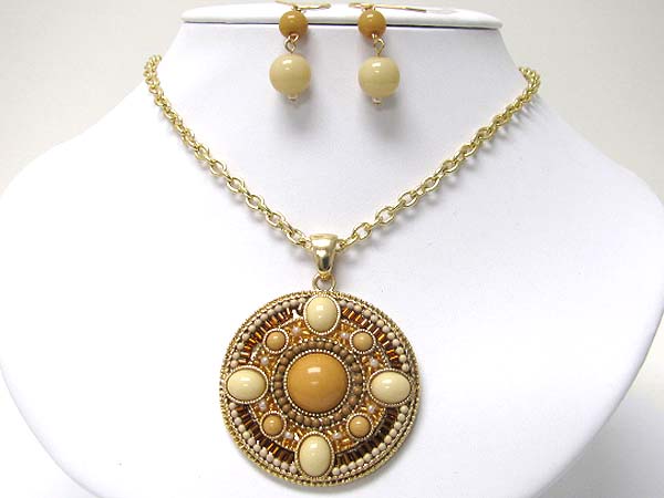 Seed bead deco and round disk medallion necklace earring set