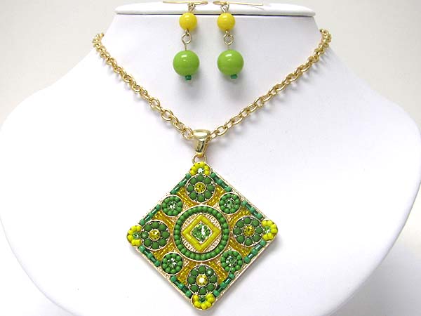 Antique style seed bead deco square medallion necklace earring set