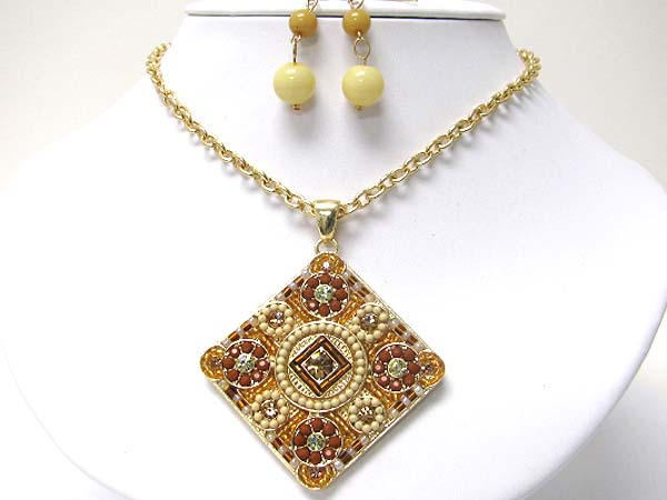 Antique style seed bead deco square medallion necklace earring set