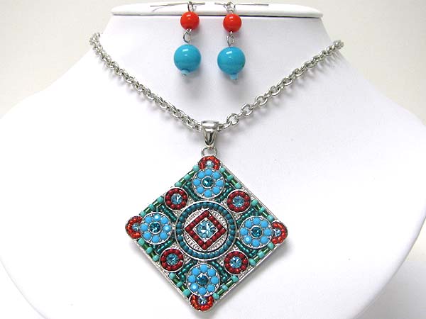 Antique style seed bead deco square medallion necklace earring set