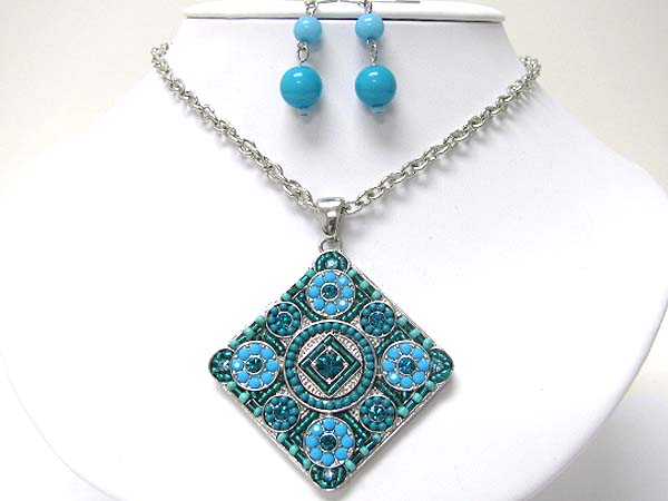 Antique style seed bead deco square medallion necklace earring set