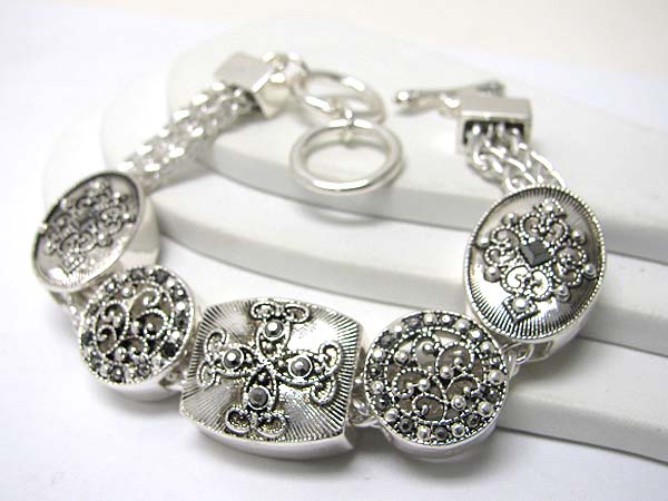 Marcasite look filigree metal disk link bracelet