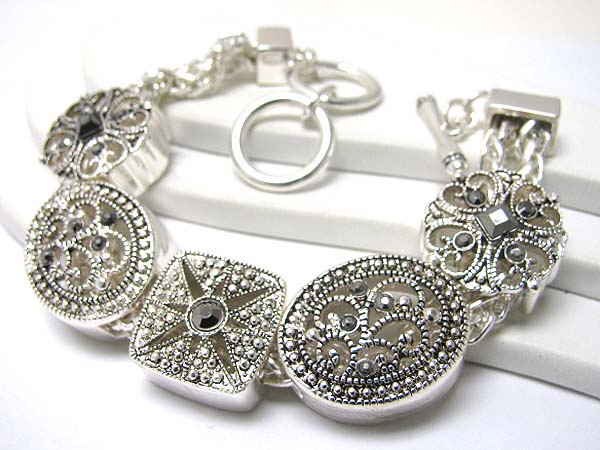 Marcasite look filigree metal disk link bracelet