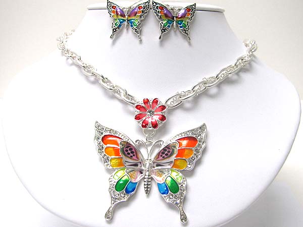 Crystal and metal epoxy butterfly pendant necklace earring set