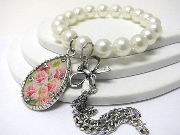 Crystal stud picture charm pearl ball stretch bracelet