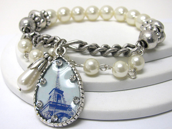 Crystal stud picture charm pearl ball and chain link bracelet