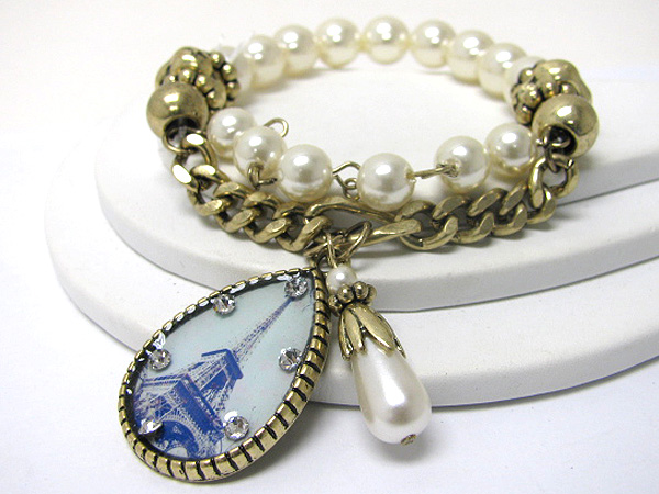 Crystal stud picture charm pearl ball and chain link bracelet