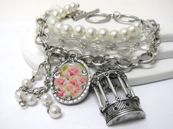 Crystal stud picture and bird cage charm pearl ball and chain link bracelet