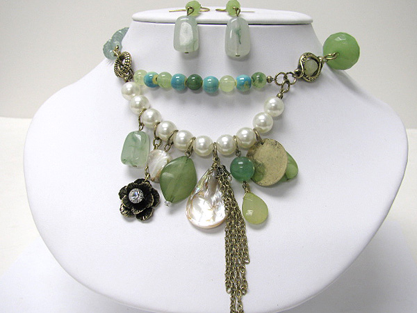 Natural stone and pearl ball link necklace earring set