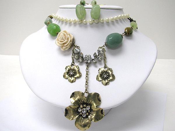 Triple flower dangle crystal and natural stone necklace earring set