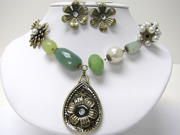 Flower medal dangle crystal and natural stone necklace earring set