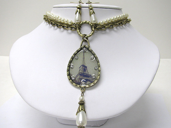 Crystal stud picture pendat pearl dangle necklace earring set