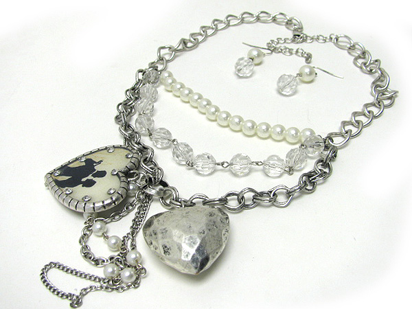 Crystal stud picture charm and mixed antique style charm dangle necklace earring set