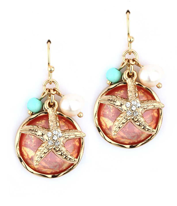 Crystal starfish and abalone finish puffy stone drop earring