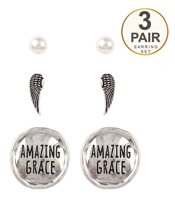 Religious inspiration 3 pair earring set - angel wing amazing grace