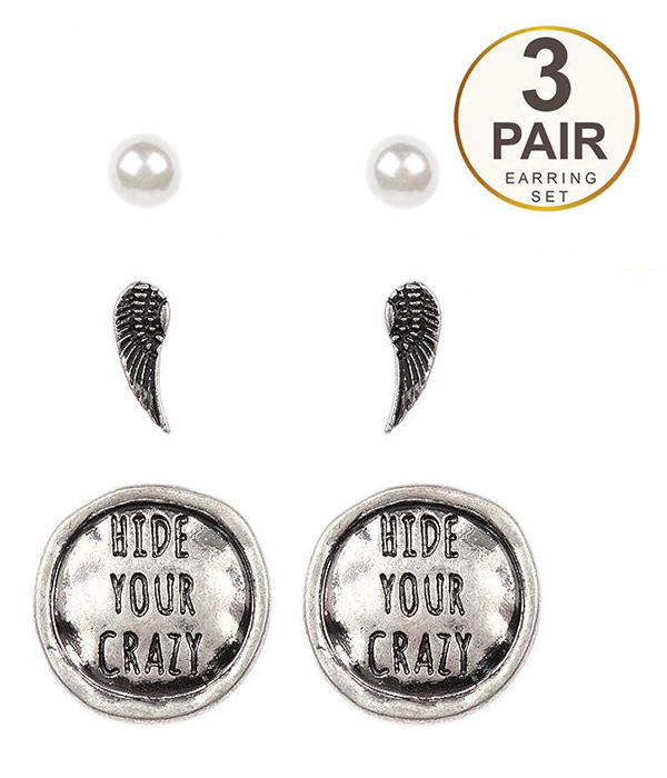 Trendy 3 pair earring set - angel wing hide your crazy