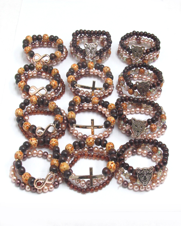 Assort shape animal print and pearl bead stretch bracelet - 12 pc dozen pack mens jewelry