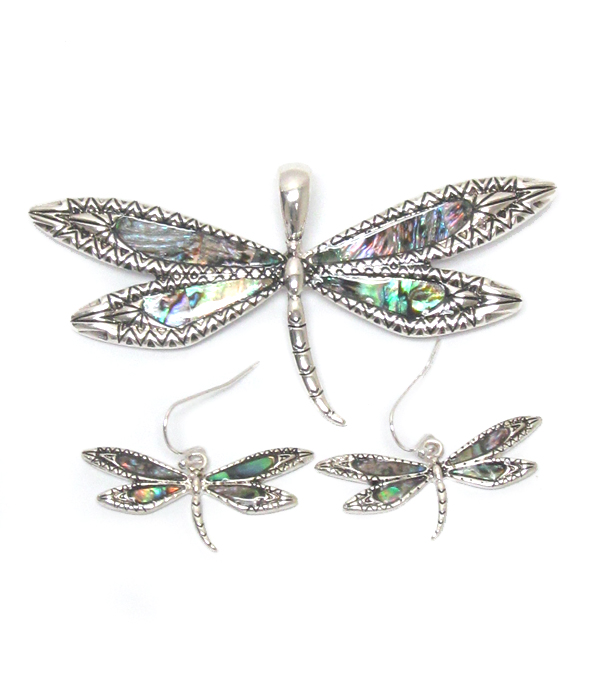 Metal filigree and abalone dragonfly pendant and earring set