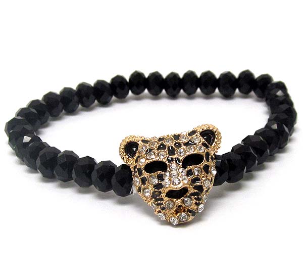 Crystal leopard head with multi crystal glass stretch bracelet