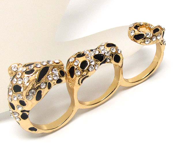 Crystal metal leopard stud dual three finger ring