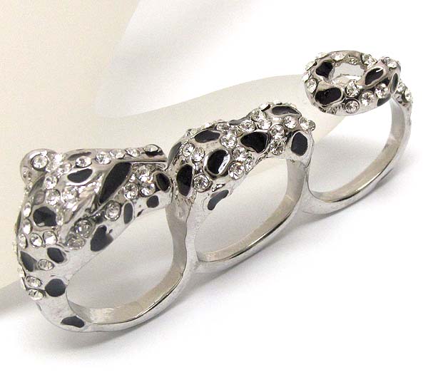 Crystal metal leopard stud dual three finger ring