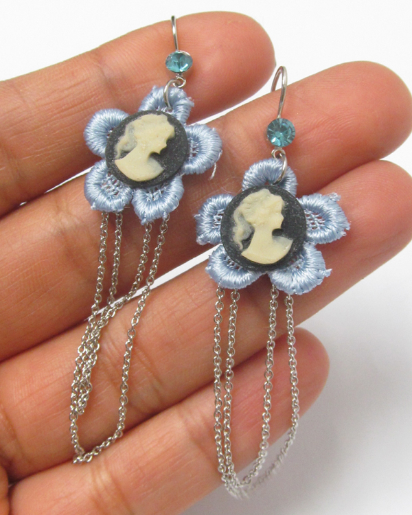 Cameo on fabric flower and chain drop earring