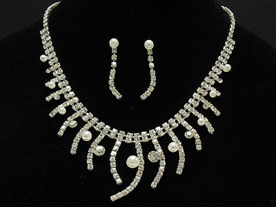 Rhinestone asymetric dangles with pearl necklace and earring set