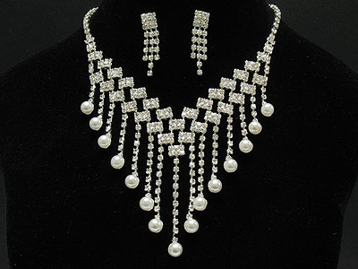 Rhinestone double line and multi dangle with pearl necklace and earring set